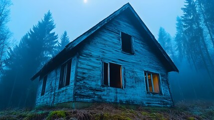 Obraz premium Abandoned House in Misty Forest at Night with Mysterious Atmosphere