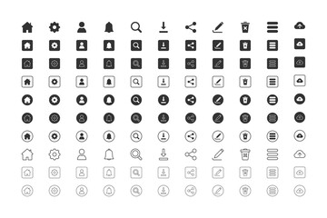 Home, Settings, Profile, Notification, Search, Download, Share, Edit, Delete, Menu. Essential Icons and Trending Styles for Mobile Apps, Websites, and Software. Minimalistic, Flat Design, Line Icons.