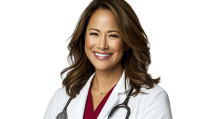a female doctor or nurse in a white coat with a stethoscope around her neck PNG image, PNG file, Generative art.