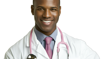 a black man wearing a white coat and pink tie with a stethoscope around his neck PNG image, PNG file, Generative art.