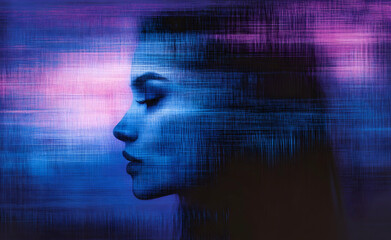Digital Dreamscape: A Woman's Serene Profile in Abstract Hues