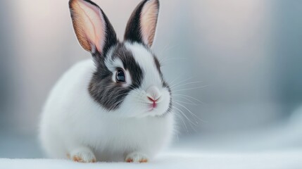 Obraz premium A young rabbit with spotted black and white fur, hopping gently on a clean white surface