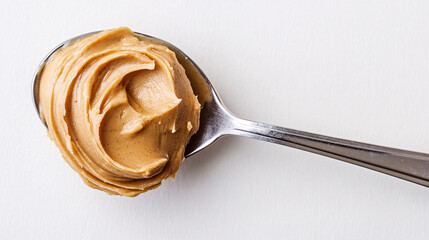 close up of a teaspoon full of creamy peanut butter on a white background