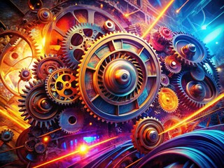 AI-generated image: layered futuristic gear and ghostly figureâ€”a captivating blend of technology and humanity.