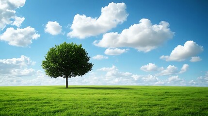 Obraz premium A solitary tree stands on a vast green field under a bright blue sky with fluffy clouds.