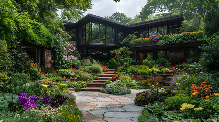 Modern house, lush garden, stone path, summer