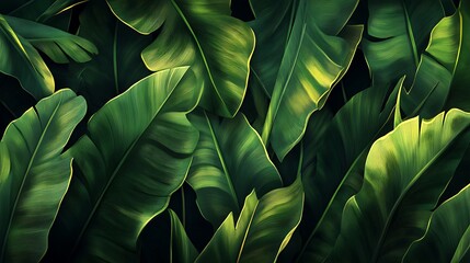 Lush green banana leaves background.
