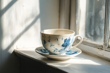 Fototapeta premium A hand-painted white and blue mug and saucer, placed on a windowsill with sunlight streaming in.