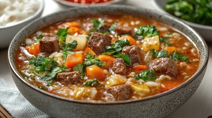 Hearty meat stew with vegetables and herbs in a rustic bowl, garnished and ready to serve