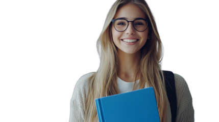a beautiful young female student wearing glasses holding a blue notebook and a book in her hands PNG image, PNG file, Generative art.