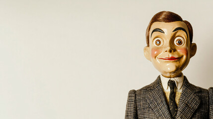 vintage smiling ventriloquist dummy doll wearing a suit against a white background