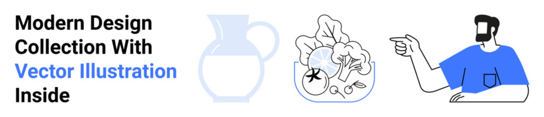 Bowl of vegetables, large transparent jug, and a bearded man gesturing. Ideal for cooking, healthy lifestyle, diet, nutrition, minimalism, organic food promotion flat landing page banner