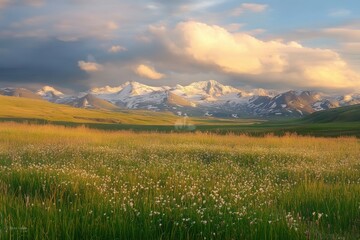 Obraz premium A picturesque alpine meadow filled with colorful wildflowers, set against the dramatic backdrop of snow-capped mountain peaks.