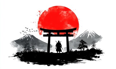 Silhouette of samurai in front of the torii gate with red sun behind