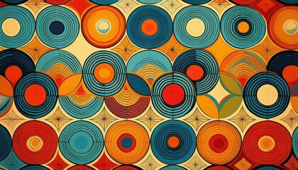 Vibrant Sixties Pattern Bold Geometric Designs in RetroInspired Palette, Exuding Energetic Vibe of the Swinging s.