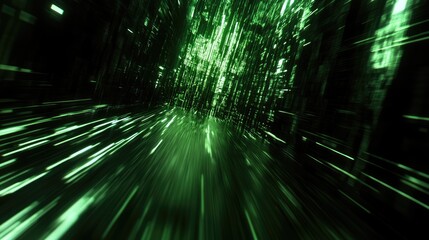 Green digital data stream, fast motion, abstract background, tech concept