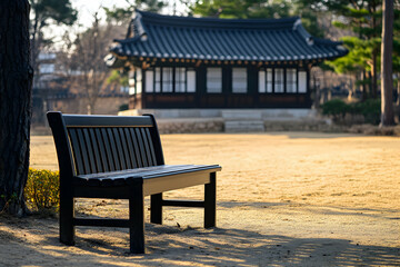 Obraz premium Solitude on a park bench near a traditional Korean house in serene autumn