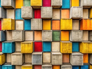 Architectural photography showcasing a textured concrete facade;  abstract, rectangular patterns illuminated by natural light.