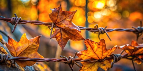 Architectural photography captures fall's decay; rusty metal, barbed wire, brown leaves, grunge textures.
