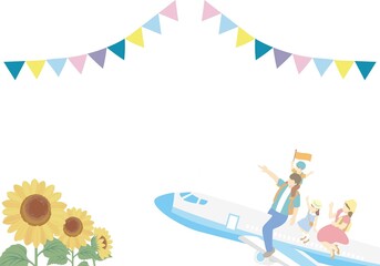 トラベル　夏　家族　ファミリー　キッズ　飛行機　旅行　アイソメトリック風　背景　イラスト素材