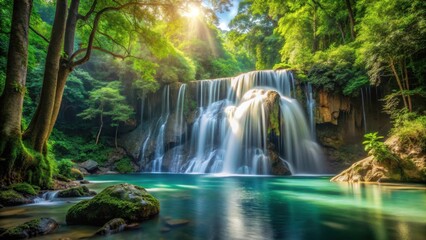 Obraz premium Majestic forest waterfall, cascading waterfall, serene ambiance