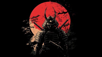 A minimalistic black background with the silhouette of an ancient samurai in red, holding up his sword and ready to fight