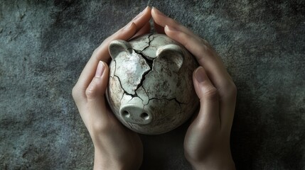 Hands gently holding a cracked piggy bank.