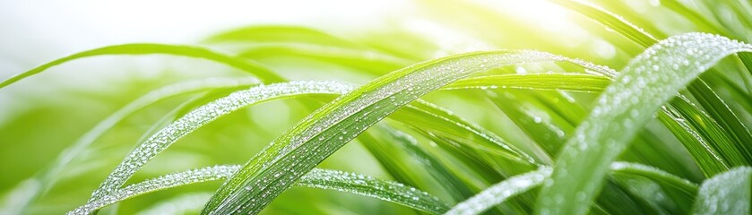 Naklejka premium Dewy grass blades close-up, sunlit background, nature scene. Website/blog use