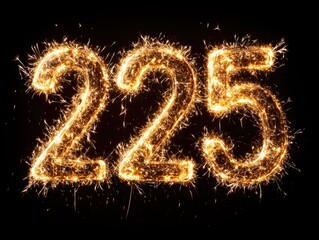Sparkling numbers "225" created with sparklers against a black background.