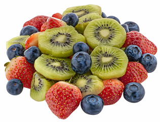 Obraz premium A vibrant and refreshing mix of strawberries, blueberries and kiwi fruit, creating a delicious and healthy fruit salad perfect for a summer day.