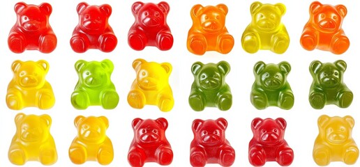 Colorful jelly gummy bears, featuring a variety of shapes and flavors, isolated for your view.