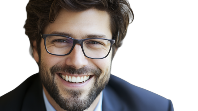 a portrait of a young man with a beard wearing glasses and a suit and tie PNG image, PNG file, Generative art.