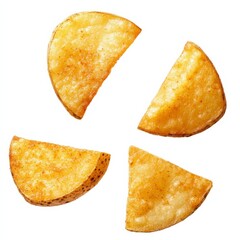 Irresistible fried potato wedges elevated in the air, emphasizing their texture.