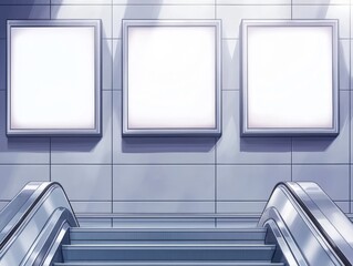 Three blank billboard posters on wall above escalator.