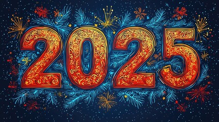 Colorful illustration of the year 2025 with festive decorations and a dark background.