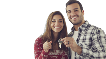 a young man and woman holding keys smiling against a transparent background, PNG image, PNG file, Generative art.