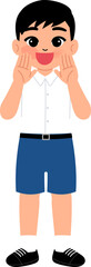 smiling boy wearing Thai school uniform with short blue pants telling illustration