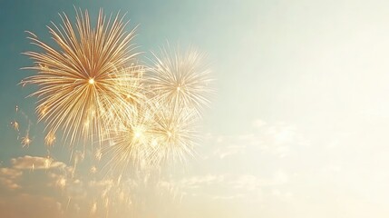 Golden fireworks explode in sunset sky; celebration, festival background