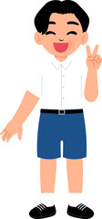 Fototapeta premium smiling boy wearing Thai school uniform with short blue pants making two finger, peace illustration