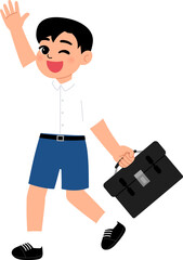smiling boy wearing Thai school uniform with short blue pants holding school bag and waving hand to go to school illustration