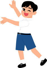 smiling boy wearing Thai school uniform with short blue pants presenting hand illustration