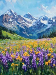 Obraz premium A vibrant meadow of purple and yellow wildflowers, nestled at the base of towering, snow-capped mountain ranges.