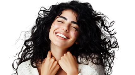 a beautiful young woman smiling with her eyes closed and her hands tied around her neck with a smile on her face PNG image, PNG file, Generative art.