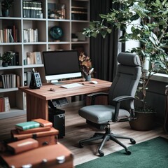 Modern Home Office Workspace  Desk  Computer  Chair  Bookshelves