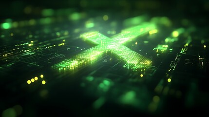 Glowing X Symbol on a Digital Circuit Board