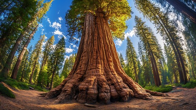 A majestic giant sequoia tree surrounded by lush greenery in a serene forest setting.