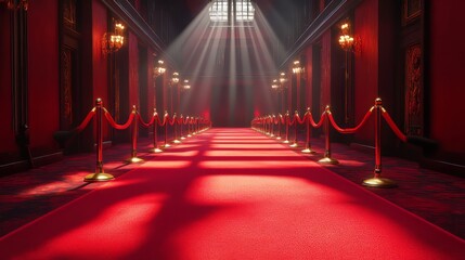 Empty red carpet inside a grand exhibition hall, velvet ropes and stanchions perfectly positioned, awaiting an audience
