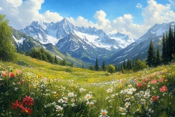 Fototapeta premium An expansive view of a wildflower-covered hillside, with snow-capped peaks and a golden sunrise lighting the landscape.