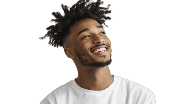 a young black man with a beard and curly hair smiling with a smile on his face PNG image, PNG file, Generative art.