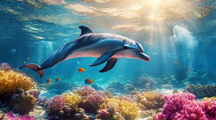 Obraz premium Dolphin swimming in vibrant coral reef, sunlit ocean. Underwater marine life scene for travel brochures